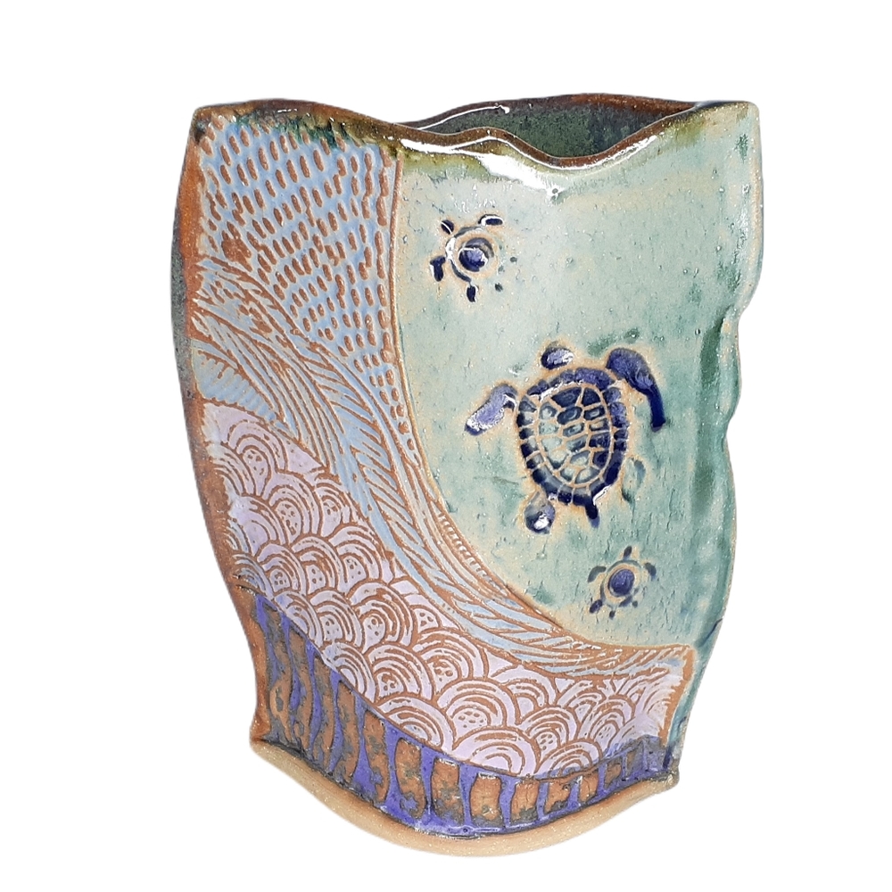 Sea Turtle Texturized Clay Pottery Vase